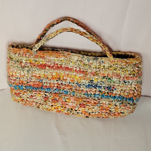 Vintage Handmade plastic bag mini tote bag fabric lined upcycled repurposed - Picture 8 of 10